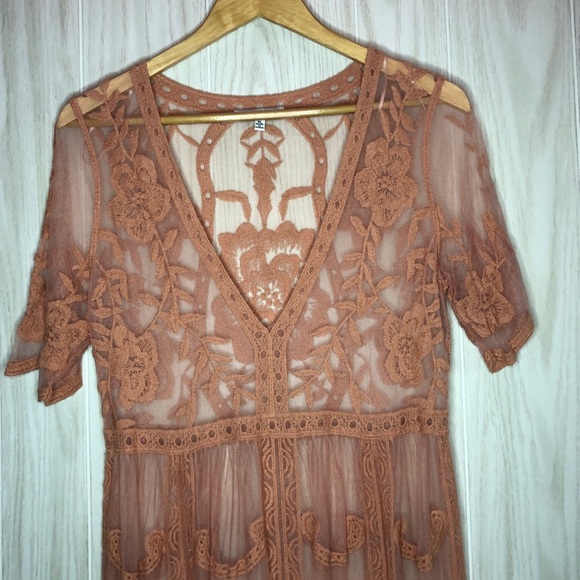 Embroidered Bohemian Lace Beach Coverup-Dusty Rose - Picture 3 of 4